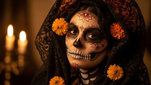 Portrait &eacute;l&eacute;gant de La Catrina avec voile de dentelle, soucis et bougies