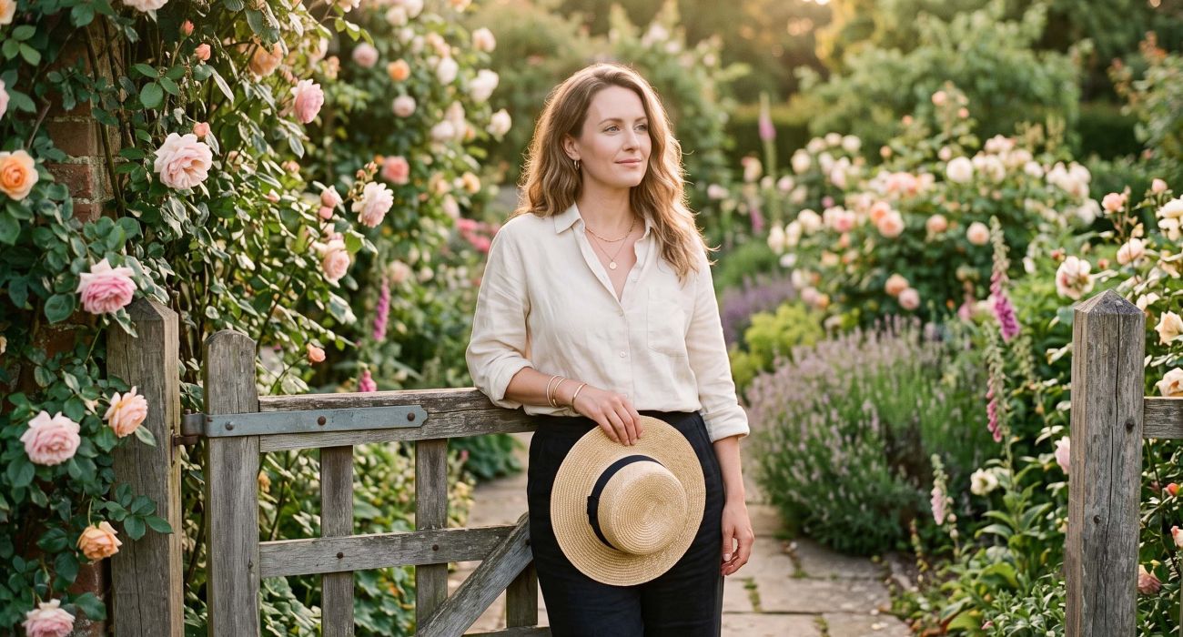 Serene woman in linen at a rose-covered garden gate in golden light during a screen-free weekend reset for a positive mindset