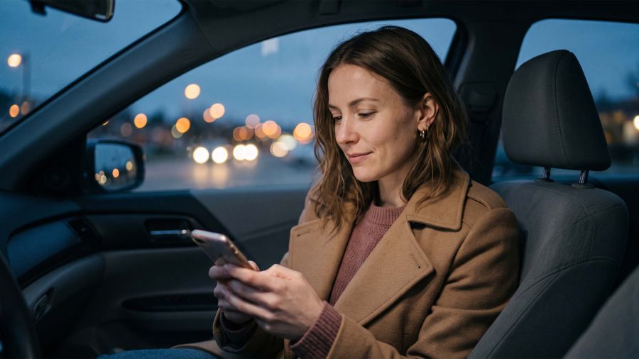 Mujer con un abrigo color camel sentada en su automóvil estacionado al atardecer revisando su teléfono antes de una segunda cita.
