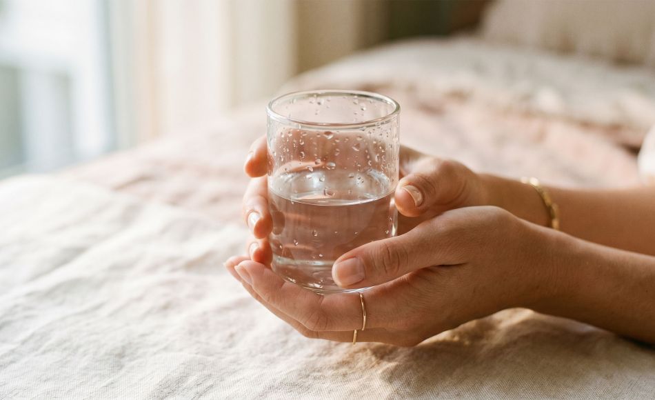 Woman's hands holding a clear glass of water in natural light, representing the female body's natural moisture and hydration — women's health editorial