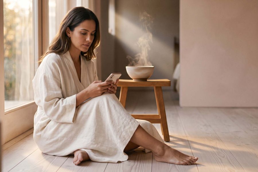 Mulher usando linho marfim lê o celular à luz suave do dia, com vapor de ervas subindo atrás dela, ilustrando como tendências virais de bem-estar se espalham online