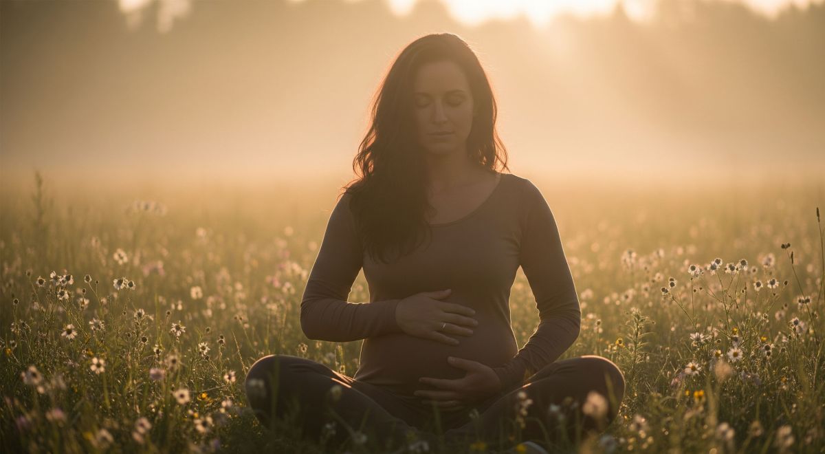 Una mujer sentada en paz con las piernas cruzadas y las manos sobre el bajo vientre, simbolizando la sanación y la conexión con la salud pélvica.