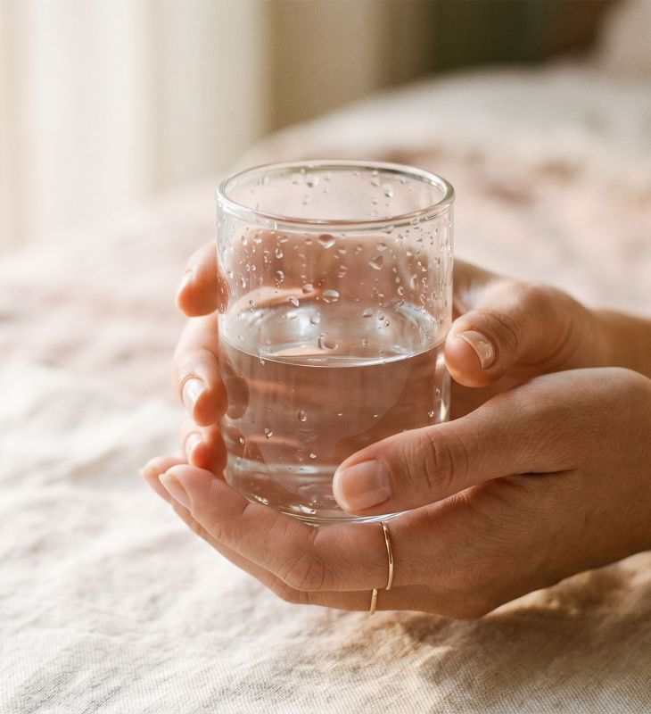 Manos de mujer sosteniendo un vaso de agua transparente bajo luz natural, representando la humedad e hidratación natural del cuerpo femenino — editorial de salud femenina