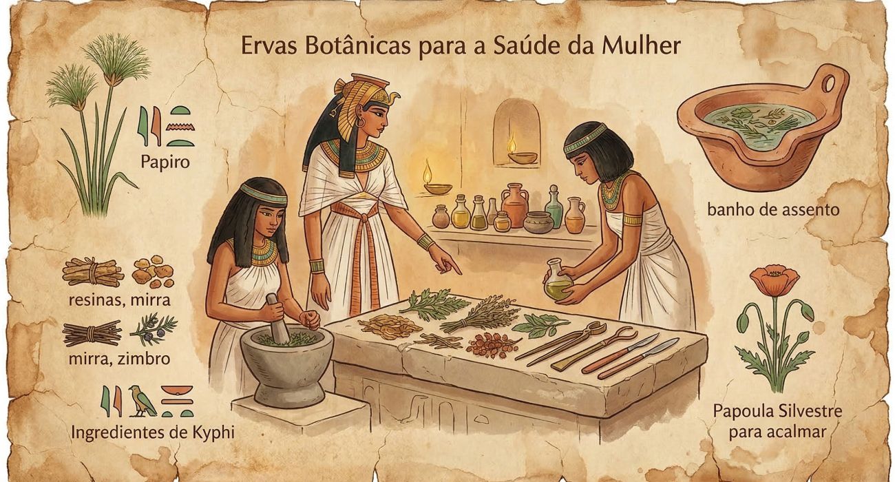 Ervas secas, pergaminho e recipientes de barro representando antigos remédios botânicos usados na saúde feminina ao longo da história.