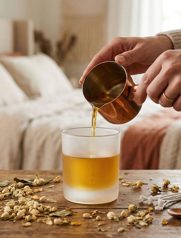 Una mujer creando una vela aromática para una cita romántica.