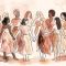 Ilustración abstracta en acuarela y arte lineal de un grupo diverso de mujeres unidas, que simboliza las historias compartidas sobre la feminidad, la maternidad y las experiencias del cuerpo.