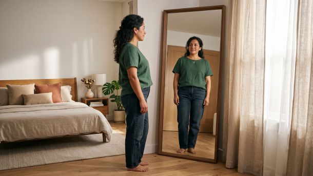 Mujer reflexionando sobre su imagen corporal y percepción personal en un momento de introspección