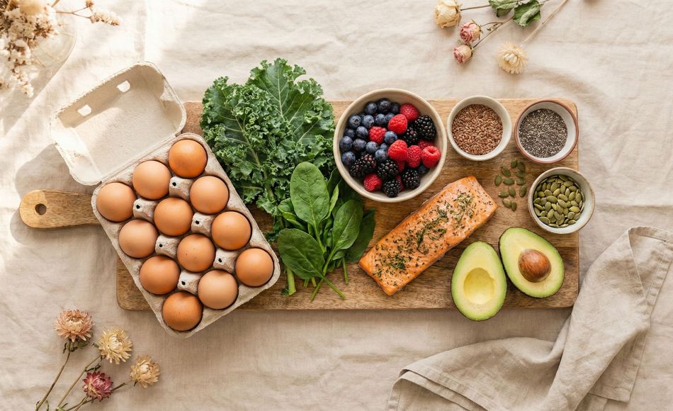 Un repas équilibré soutenant la santé hormonale des femmes avec des aliments entiers.