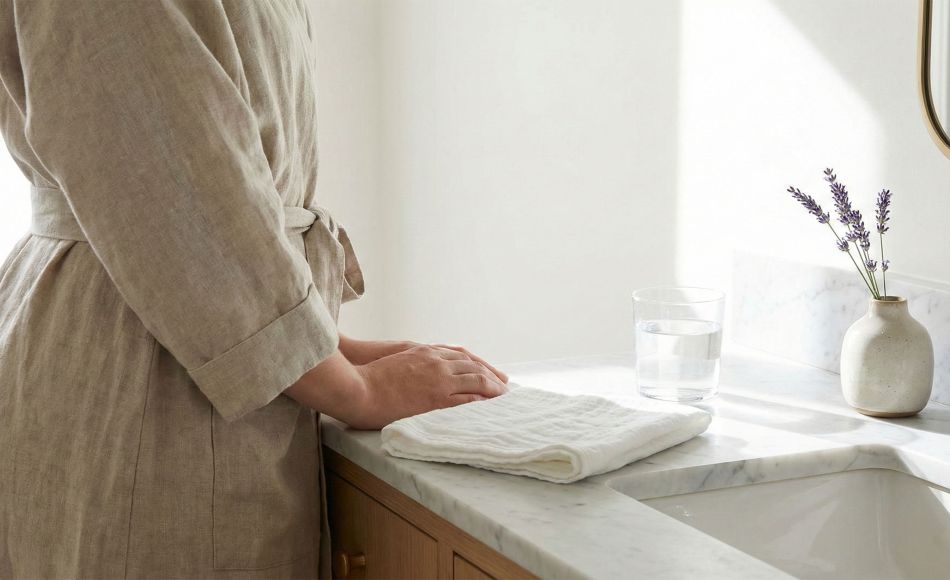 Elegant marble bathroom vanity representing clean and natural feminine hygiene rituals.