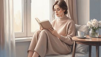 Frau liest mit einer Tasse am Fenster &mdash; ruhiger Lernmoment am Morgen