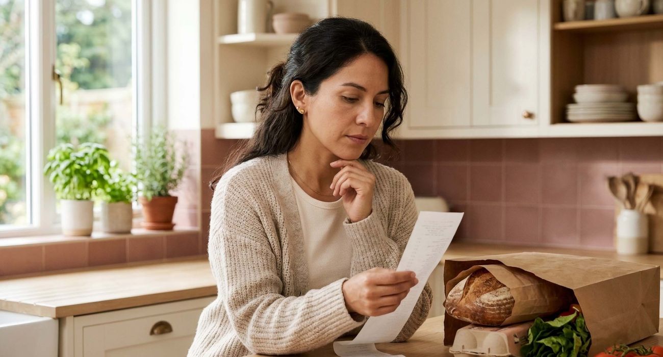 Mujer leyendo un largo recibo de supermercado en la encimera de su cocina, reflexionando sobre por qué las personas votan contra sus propios intereses