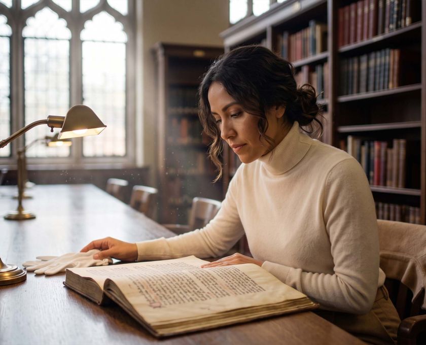 Mujer con cachemira color crema estudiando un antiguo folio anatómico en una biblioteca de libros raros iluminada por el sol mientras investiga la historia de la anatomía femenina