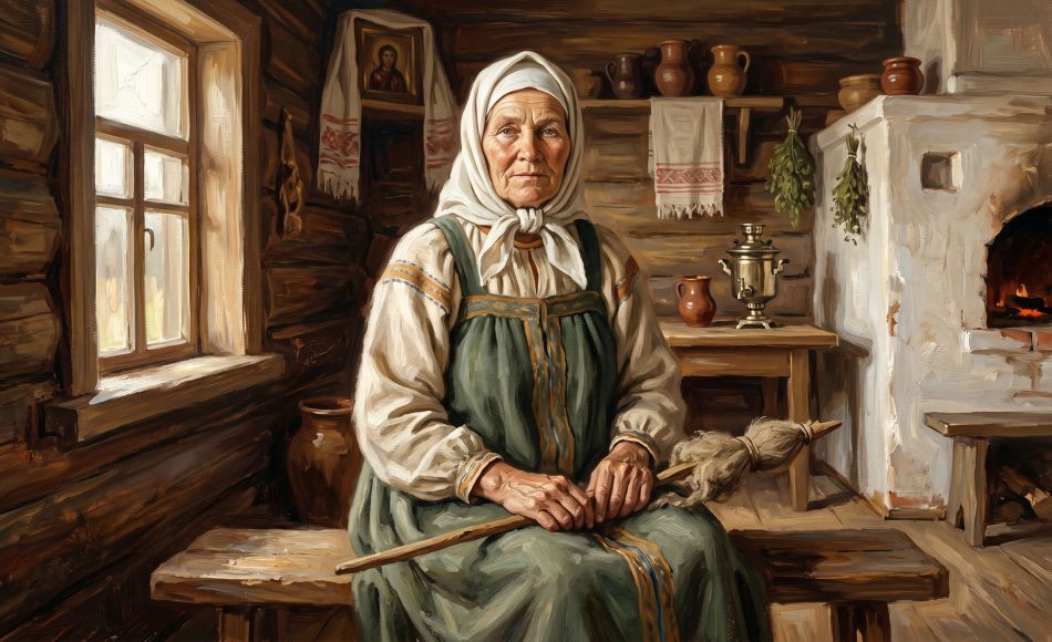 Historical portrait-style illustration of a dignified 18th-century Russian peasant woman in traditional dress, seated in a warm wooden interior with soft window light — representing the unnamed mother who gave birth to 69 children
