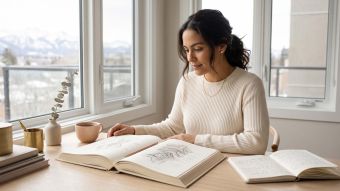 Mulher vestindo uma malha creme estudando um atlas de anatomia ilustrado em uma mesa iluminada pelo sol enquanto aprende sobre a anatomia genital feminina