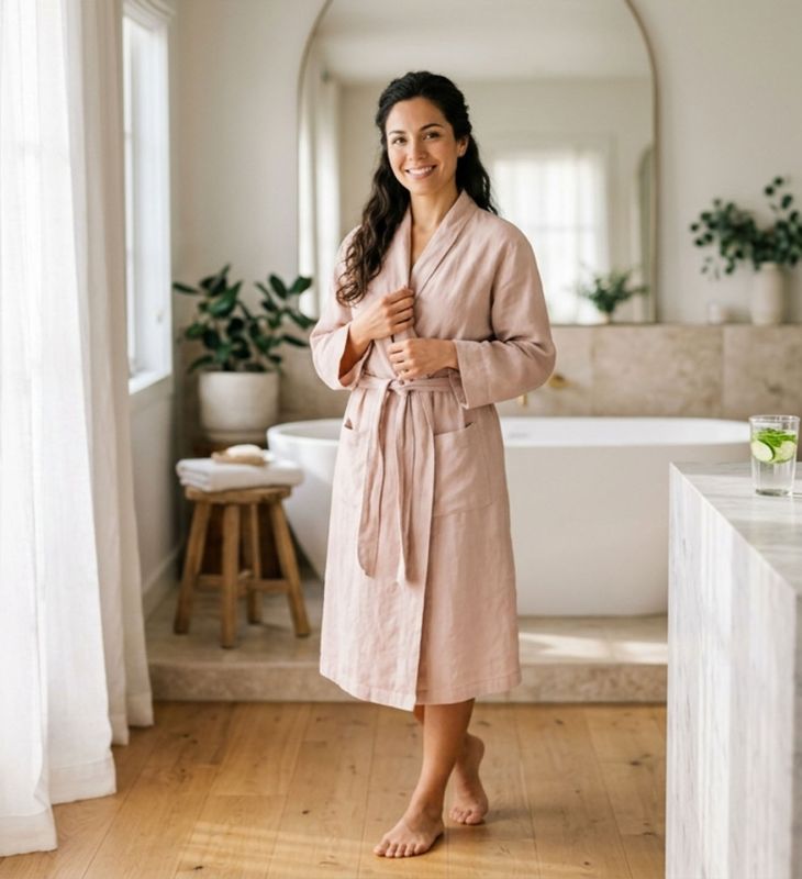 Mujer serena con una bata color rosa suave bajo una luz brillante de la mañana, representando el equilibrio natural del pH vaginal y el bienestar íntimo cotidiano