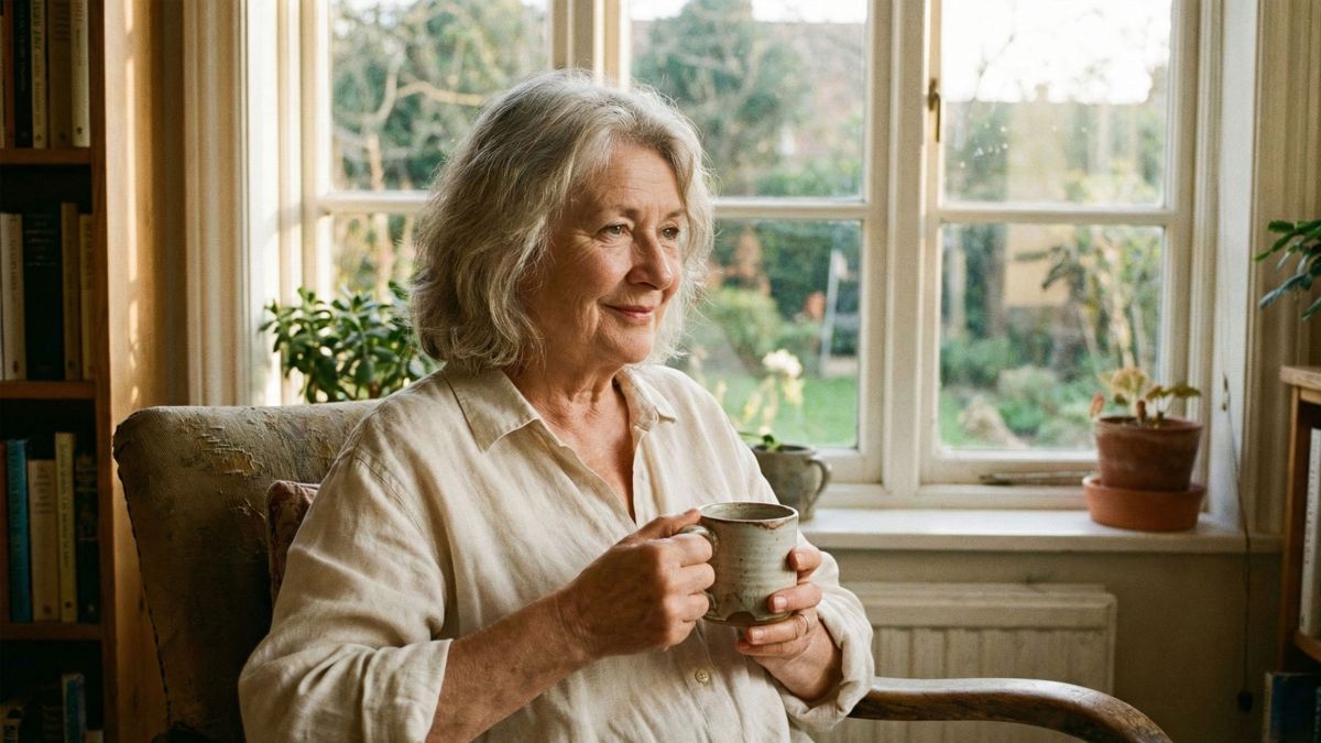 Una mujer elegante de finales de los 50 a&ntilde;os sentada junto a una ventana soleada, sosteniendo una taza de cer&aacute;mica.