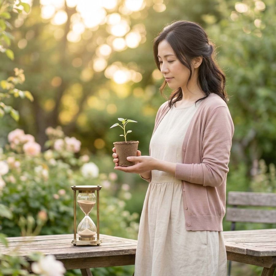 人生と妊娠力の自然な季節について思いを巡らせる現代の女性。