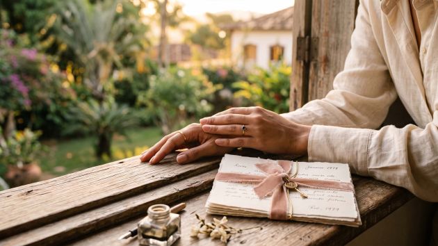 Mãos de uma mulher repousando ao lado de cartas de amor manuscritas sob a suave luz de uma janela, simbolizando a história da antecipação romântica.