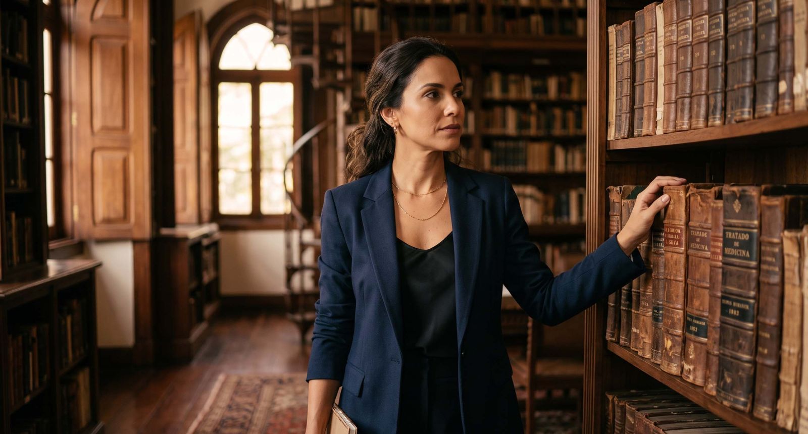Elegante mulher estudando antigos livros de anatomia em uma biblioteca médica histórica, ilustrando a história da teoria do útero errante na medicina feminina.