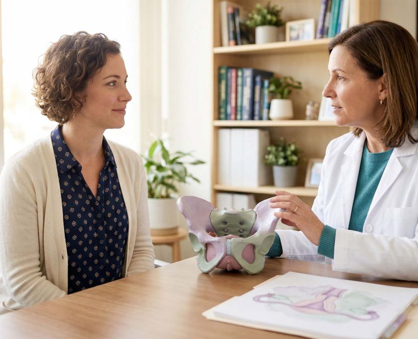 Illustrated anatomical diagram of the clitoris with clinical measurement labels, rendered in soft pastel tones for a women's health article on clitoromegaly