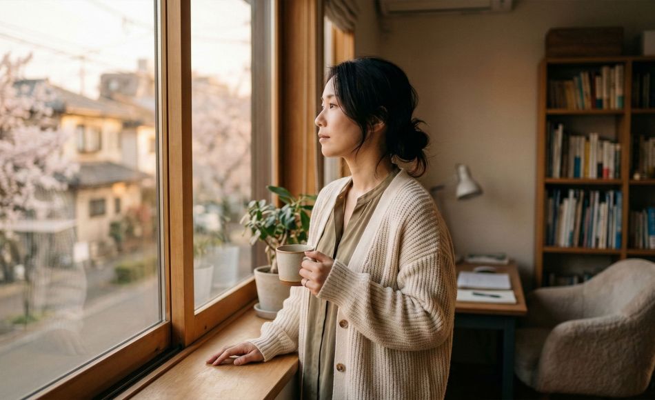 暖かい家庭の室内で窓の外を見つめる思慮深い女性。