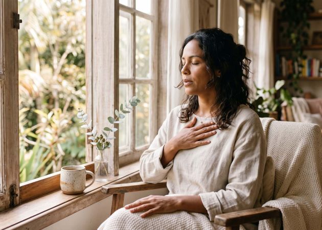 Mulher perto de uma janela respirando lentamente para acalmar um sistema nervoso hiperativo