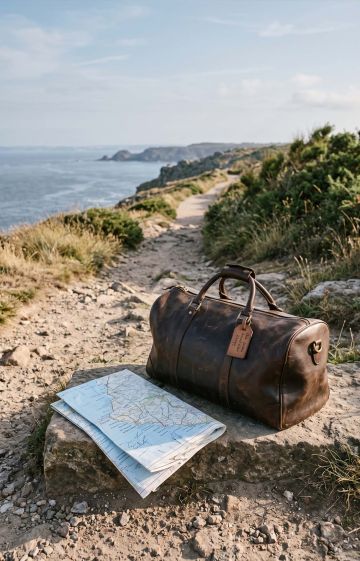 Leather travel bag and folded map on a coastal path step at sunrise