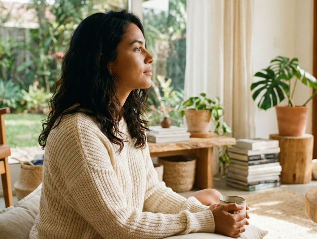 Uma mulher praticando respiração consciente em um ambiente claro e tranquilo para reduzir o estresse.