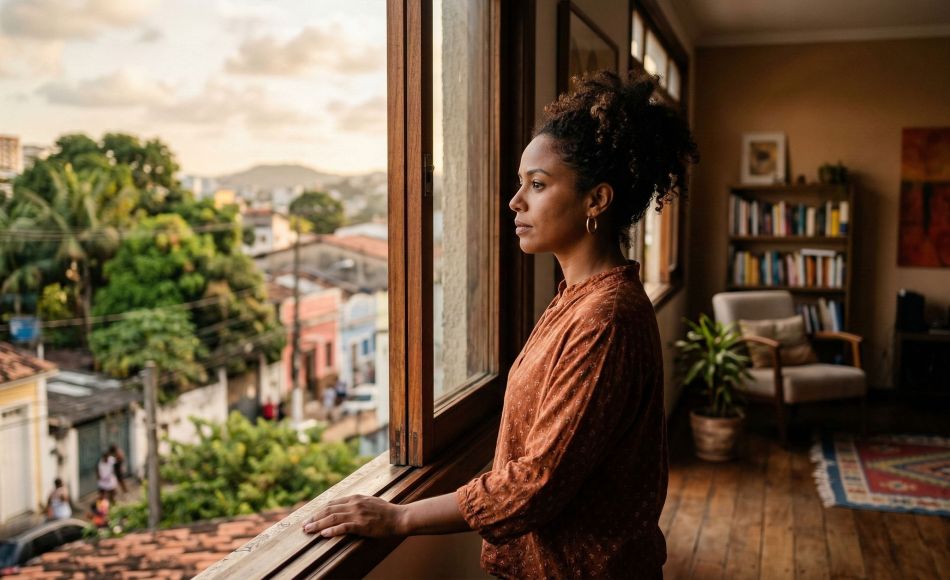 Uma mulher pensativa olhando pela janela em um ambiente doméstico acolhedor.