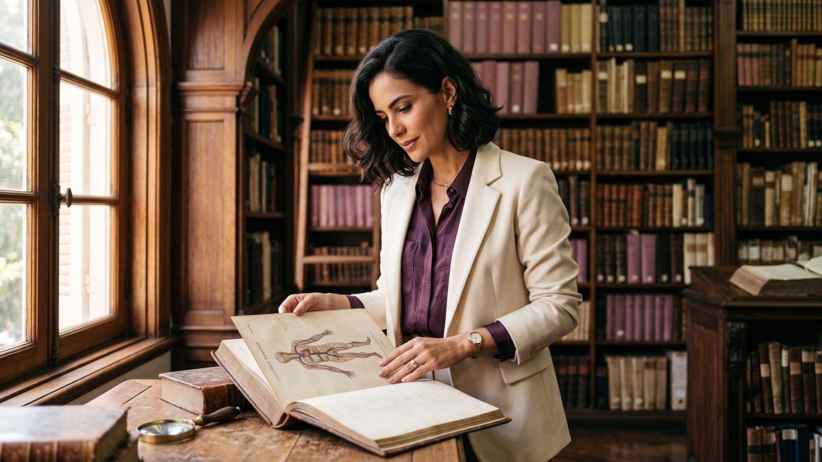 Mulher elegante examinando um catálogo médico do século XIX em um arquivo iluminado pela luz do sol, ilustrando a história documentada do tratamento vitoriano da histeria.