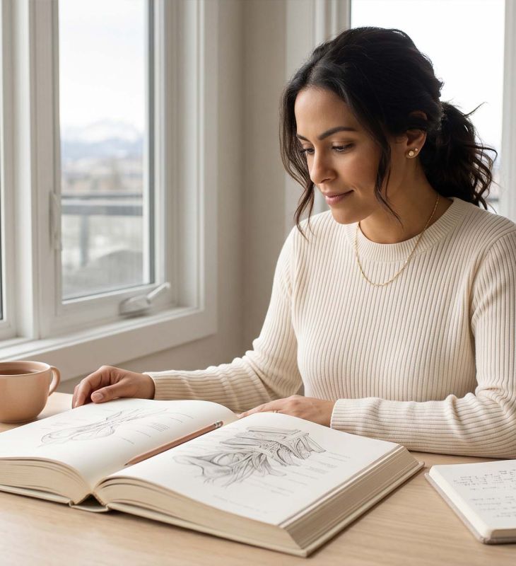 Mulher vestindo uma malha creme estudando um atlas de anatomia ilustrado em uma mesa iluminada pelo sol enquanto aprende sobre a anatomia genital feminina