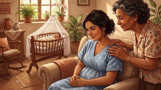 Uma avó apoiando uma nova mãe e seu bebê em um ambiente doméstico acolhedor.