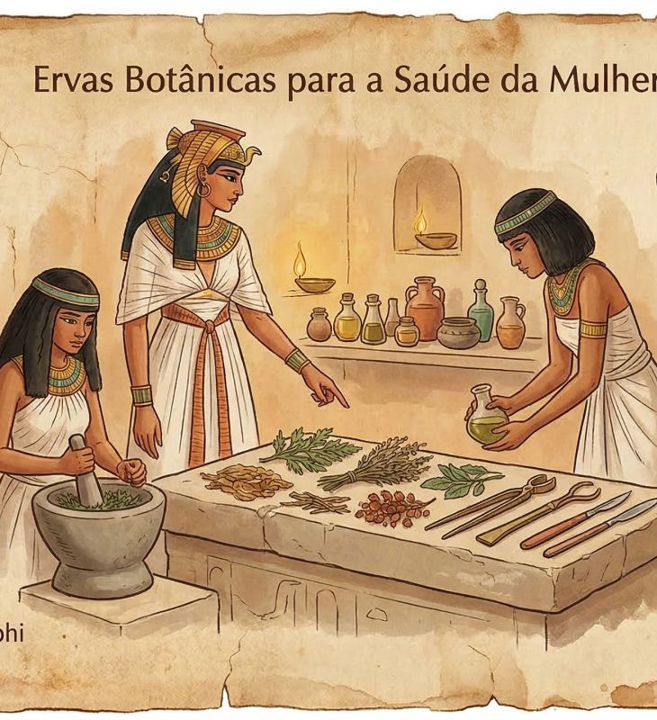 Ervas secas, pergaminho e recipientes de barro representando antigos remédios botânicos usados na saúde feminina ao longo da história.