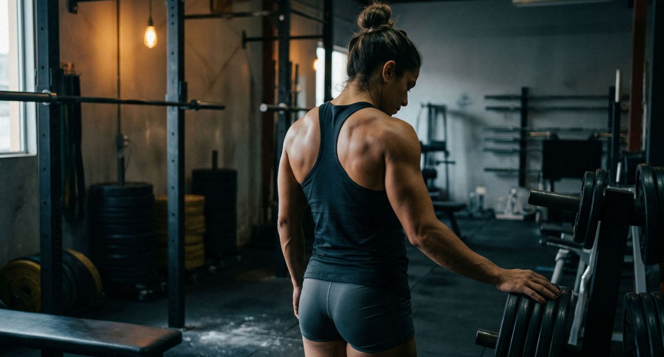Forte atleta feminina treinando na academia, vista traseira mostrando músculos definidos das costas e braços sob iluminação lateral dramática