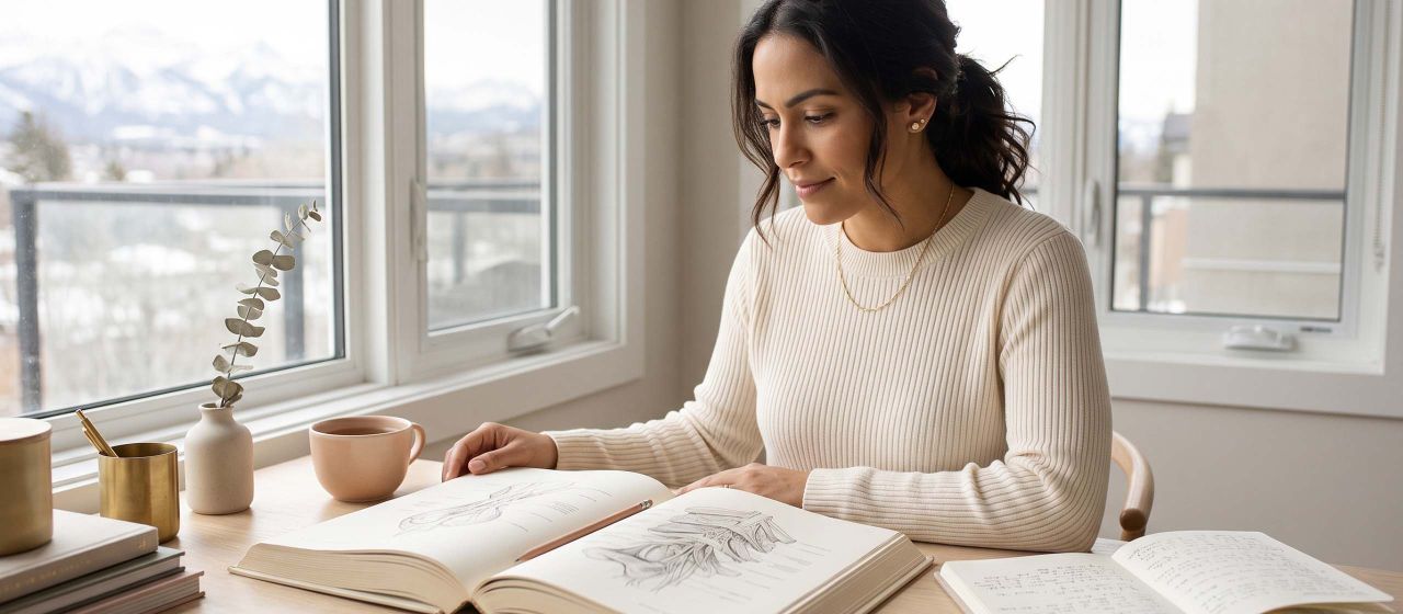 Mulher vestindo uma malha creme estudando um atlas de anatomia ilustrado em uma mesa iluminada pelo sol enquanto aprende sobre a anatomia genital feminina