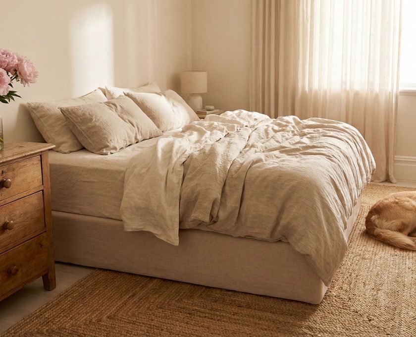 Um quarto principal minimalista e elegante que reflete uma estética feminina tradicional.