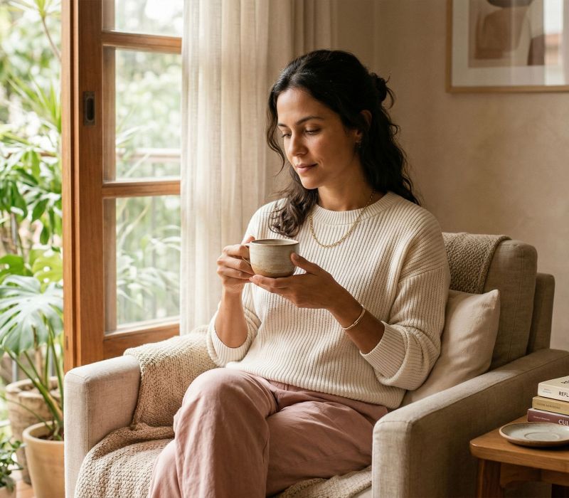 Uma mulher calma e confiante em luz natural suave, representando consciência corporal e autoconhecimento