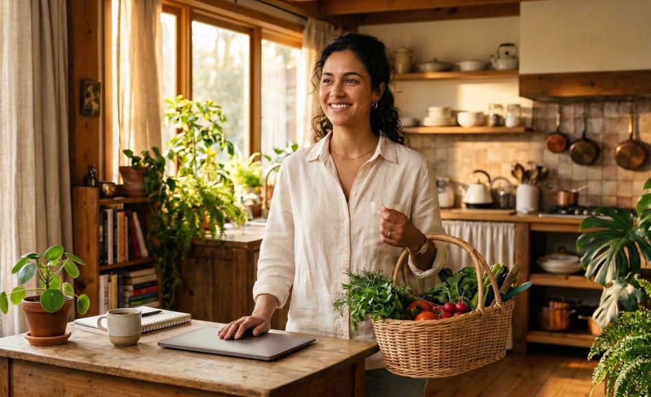 Uma mulher moderna equilibrando família e vida doméstica em um ambiente sereno, representando a mudança de estilo de vida em 2026.
