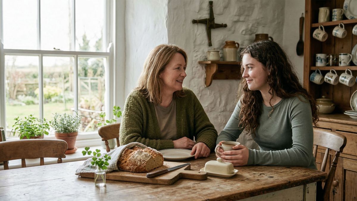 Mãe e filha celebrando o Dia de São Patrício com pão irlandês e trevo