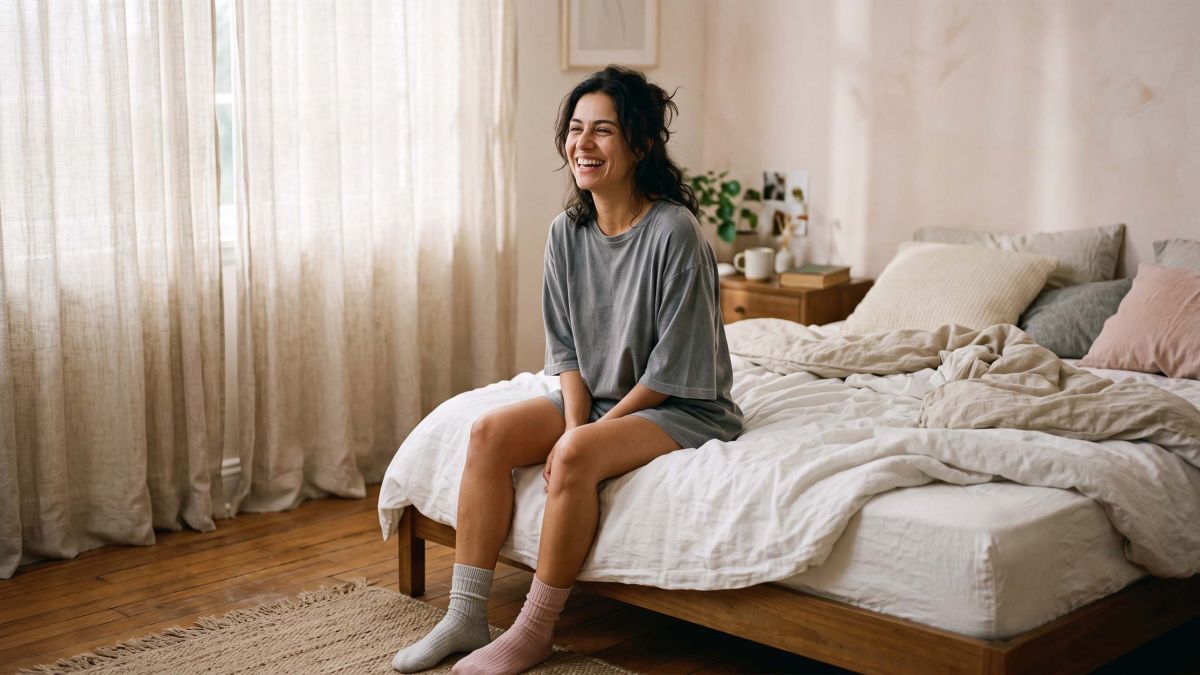 Mulher sentada na beira de uma cama desarrumada, usando uma camiseta de algodão oversized e meias desencontradas sob uma suave luz da manhã, ilustrando o que as mulheres realmente usam para dormir.