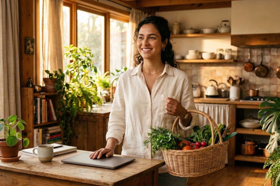 Uma mulher moderna equilibrando família e vida doméstica em um ambiente sereno, representando a mudança de estilo de vida em 2026.