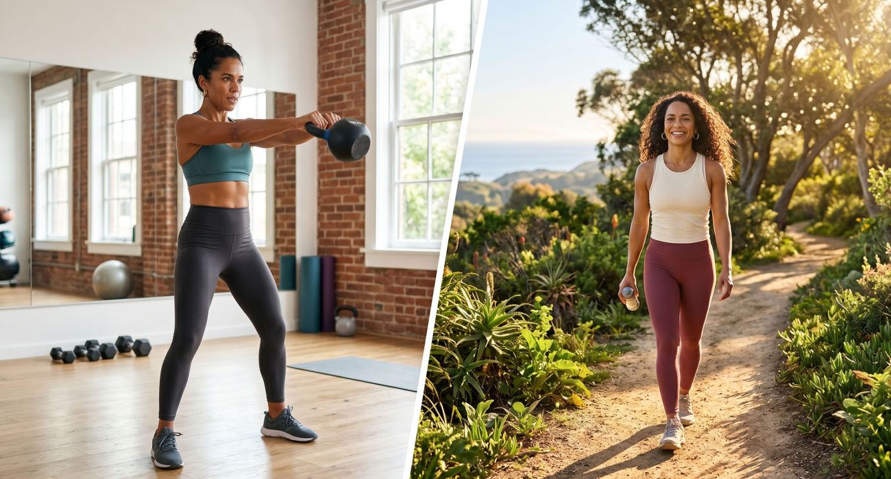 Uma mulher praticando uma rotina equilibrada de treino de força e caminhada ao ar livre para saúde hormonal.