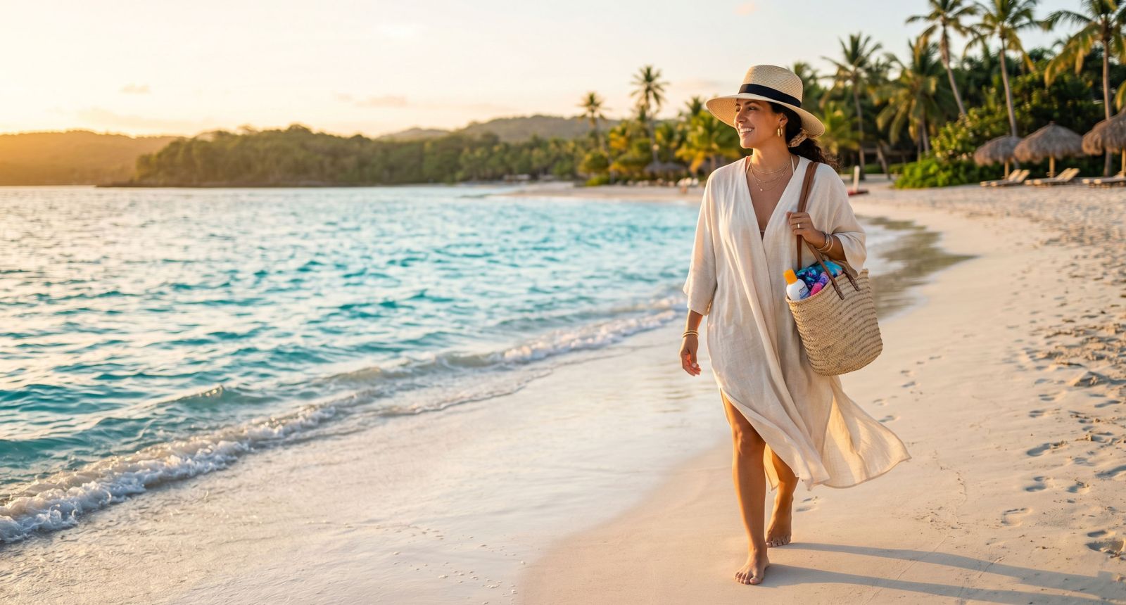 Uma mulher caminhando ao longo de uma costa tropical intocada, segurando um chapéu de sol e uma bolsa de praia de palha.