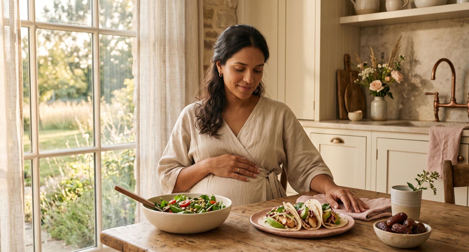 Mulher grávida em uma cozinha iluminada pelo sol ao lado de uma salada, tacos e tâmaras representando os mitos para induzir o parto