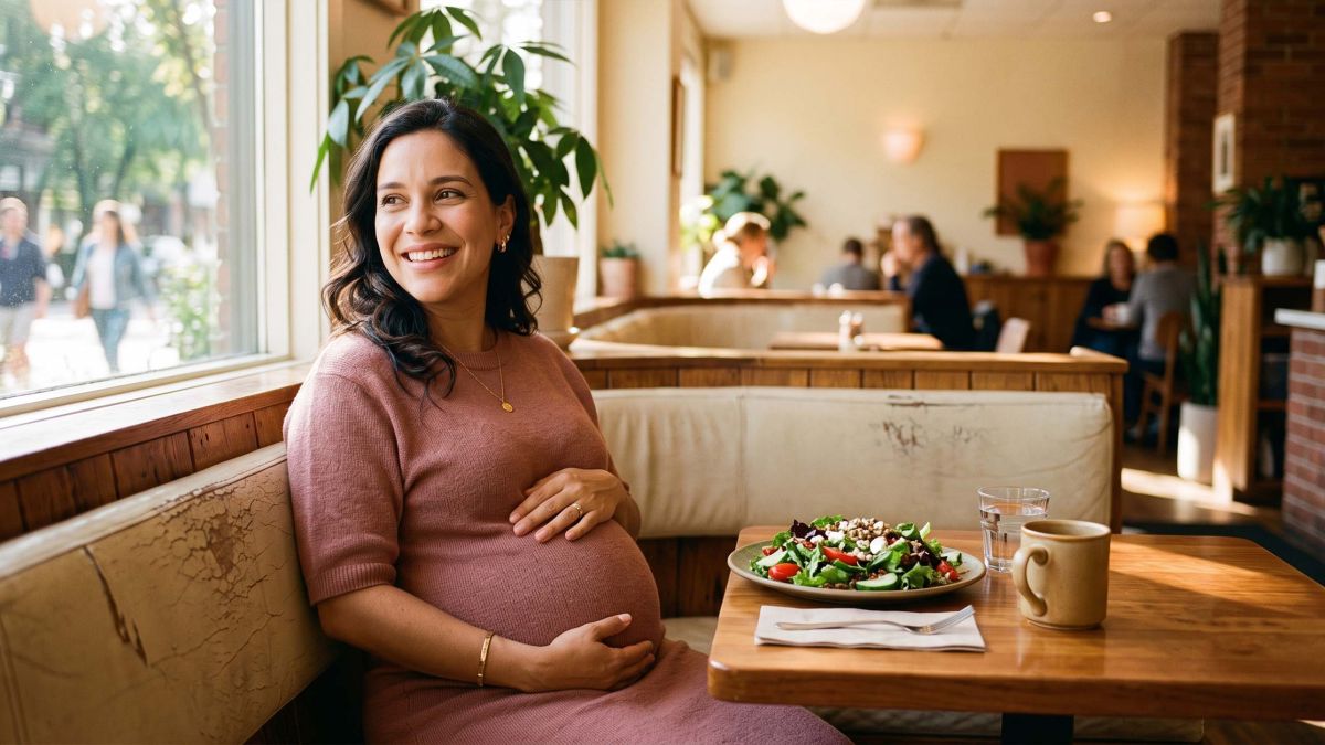Mulher grávida sorrindo em um café iluminado pelo sol com uma salada fresca, a lendária salada do Caioti associada à indução do parto