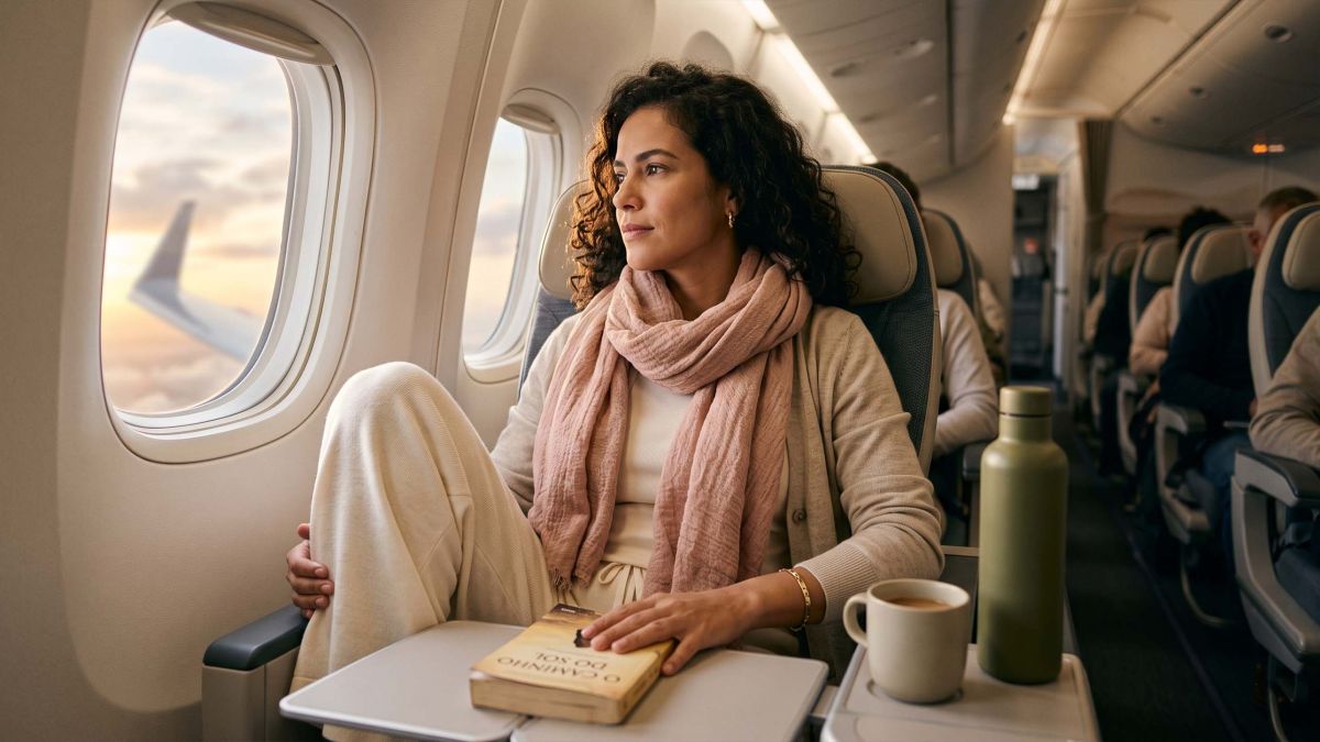 Mulher usando camadas macias de algodão e lã merino, descansando confortavelmente em um assento junto à janela durante um voo longo