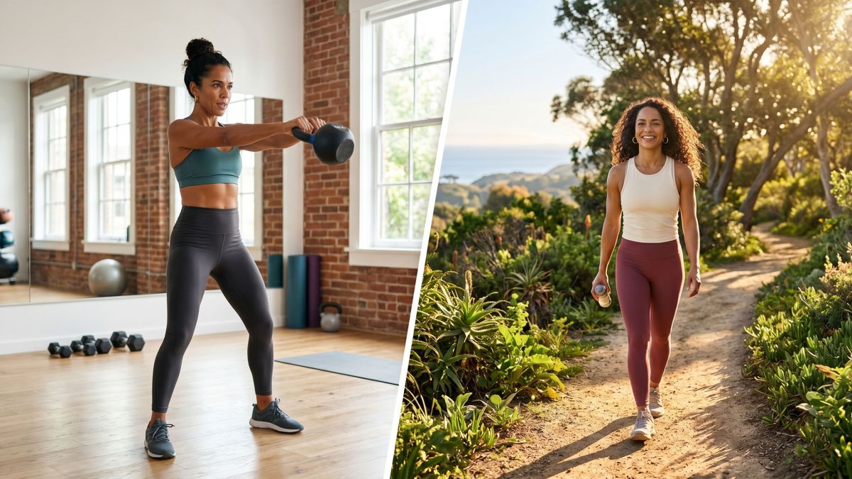 Uma mulher praticando uma rotina equilibrada de treino de força e caminhada ao ar livre para saúde hormonal.