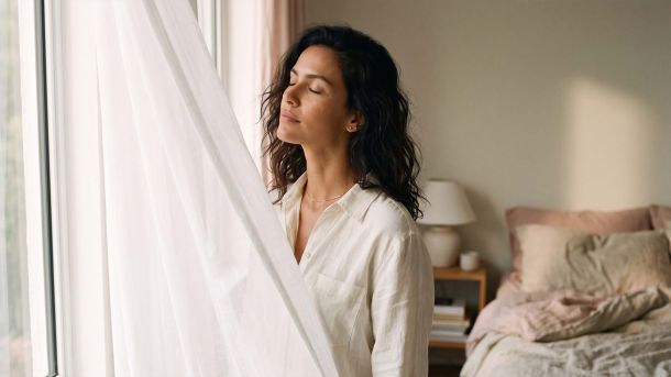 Mulher vestindo linho marfim junto a uma janela aberta sob uma suave luz matinal, ilustrando a ciência natural do odor corporal feminino