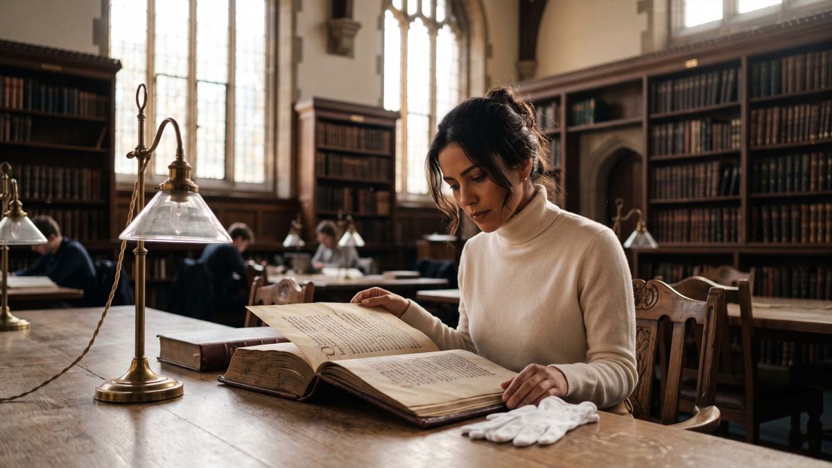 Mulher usando caxemira creme estudando um antigo fólio anatômico em uma biblioteca de livros raros banhada pelo sol enquanto pesquisa a história da anatomia feminina