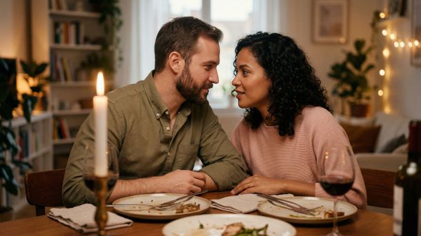 Um casal compartilhando um jantar aconchegante à luz de velas em casa, rindo e se inclinando um para o outro em conexão genuína